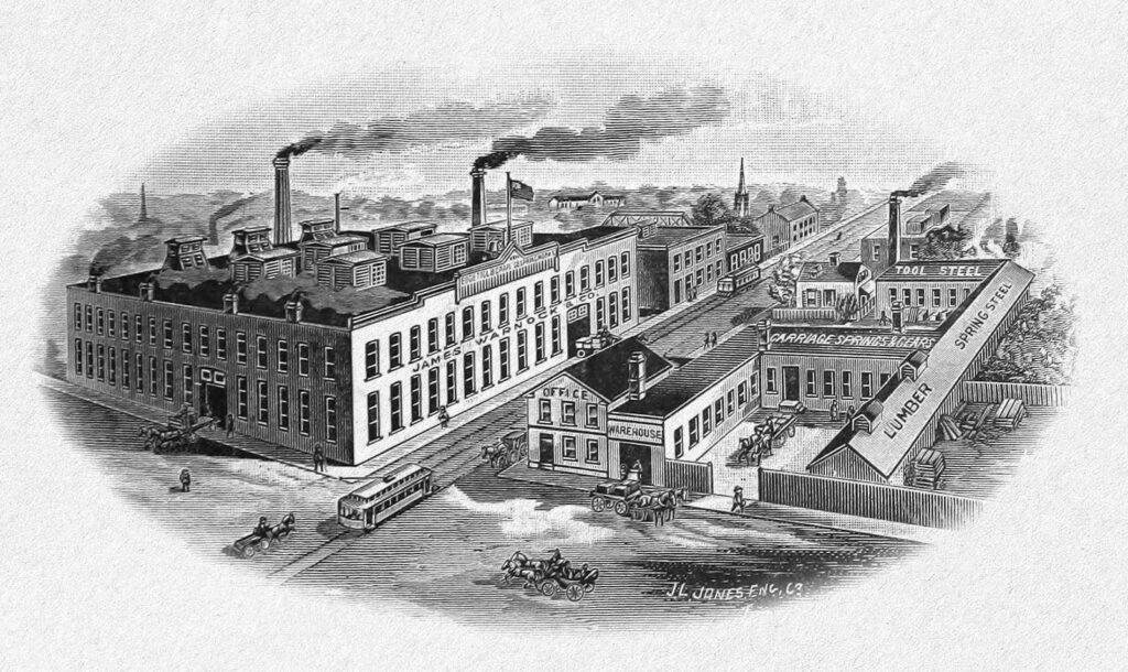 Etching of the Warnock axe factory in Galt