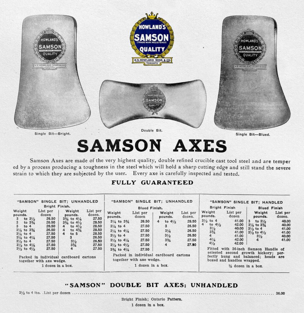 Howland's Samson Axe advertisement from 1923