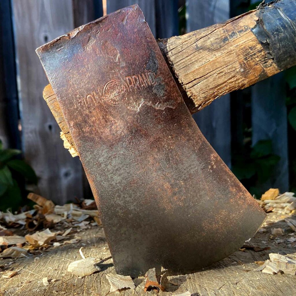 Vintage Lion Brand boys axe in a log