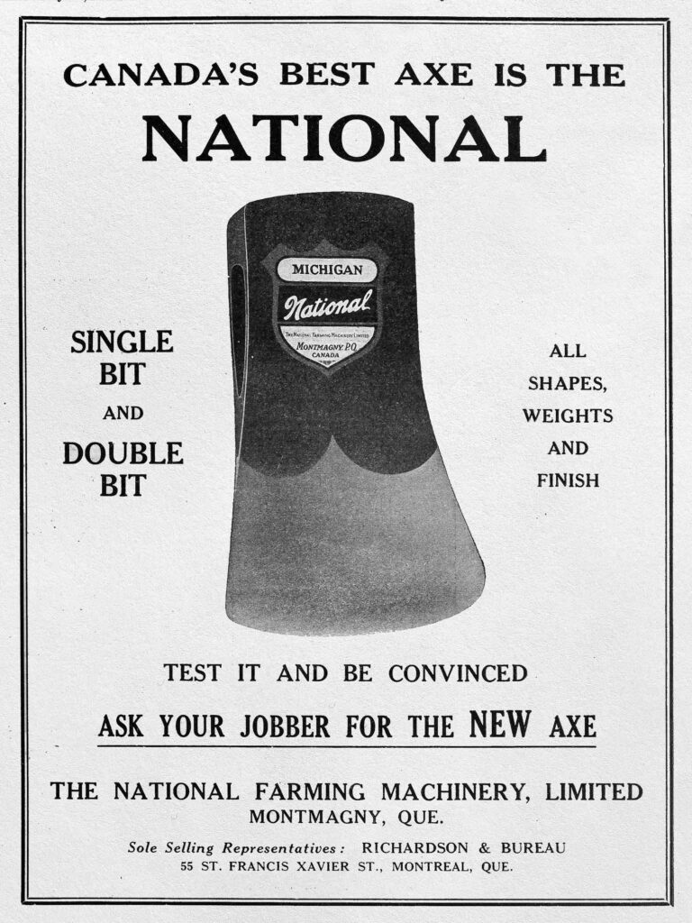 Ad for National Farming Machinery Limited's new axe line from 1921